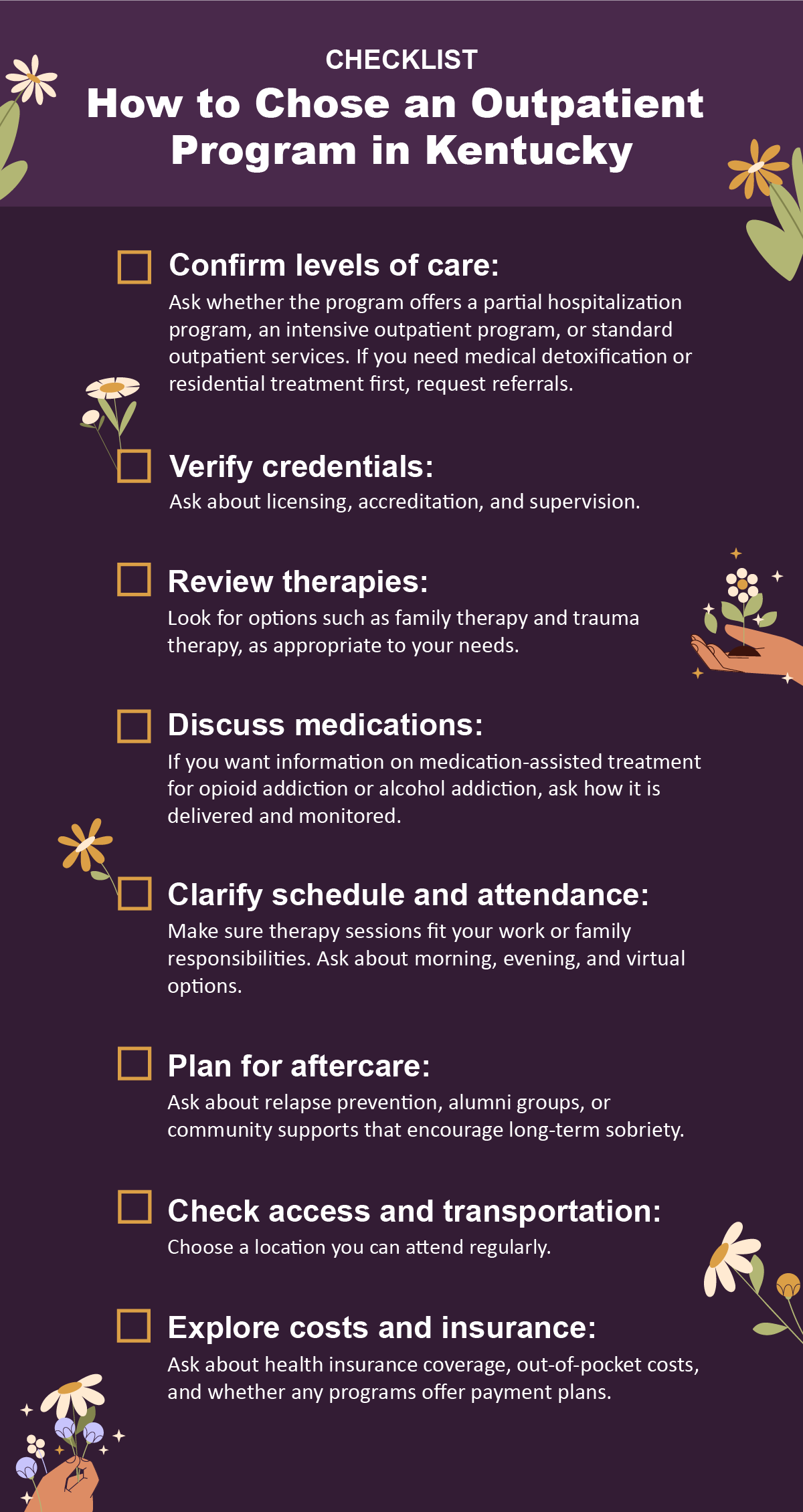 Illustrated checklist highlighting key factors to consider when selecting an outpatient program, including care levels, credentials, therapies, medications, scheduling, aftercare, access, and costs.